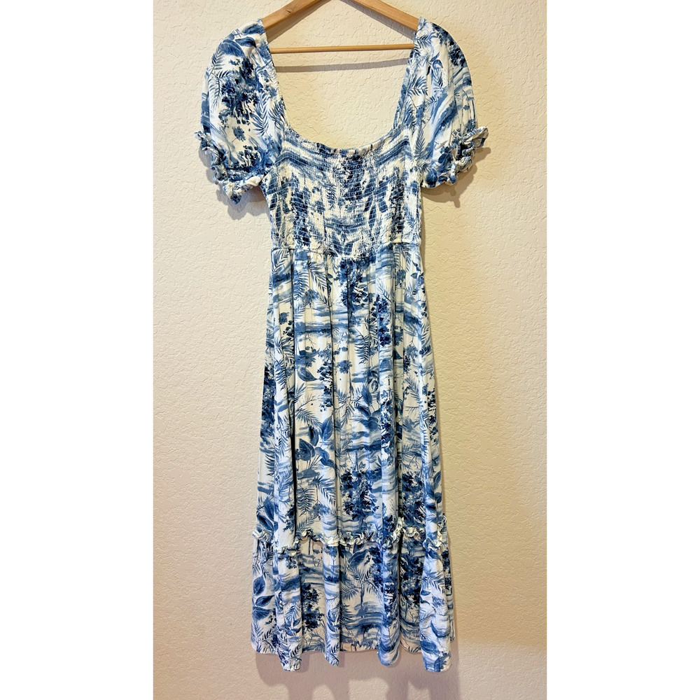 By The River Milk Maid Maxi Dress Size M Prairie Cottagecore Blue Floral Country